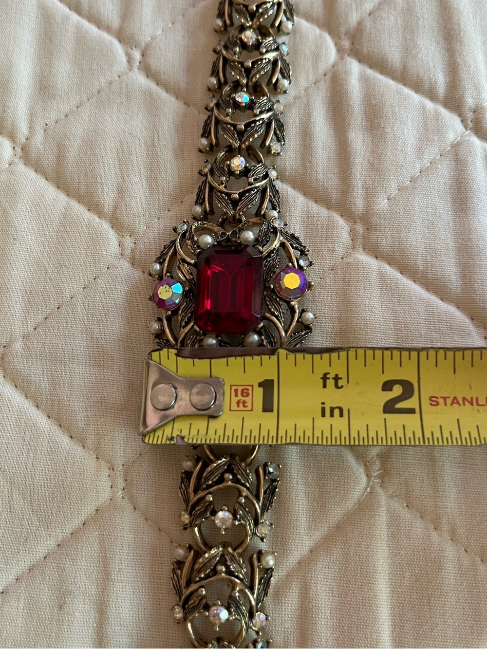 Vintage Antiqued Gold Tone Statement Bracelet with Red Rhinestone and Pearls - Picture 6 of 7